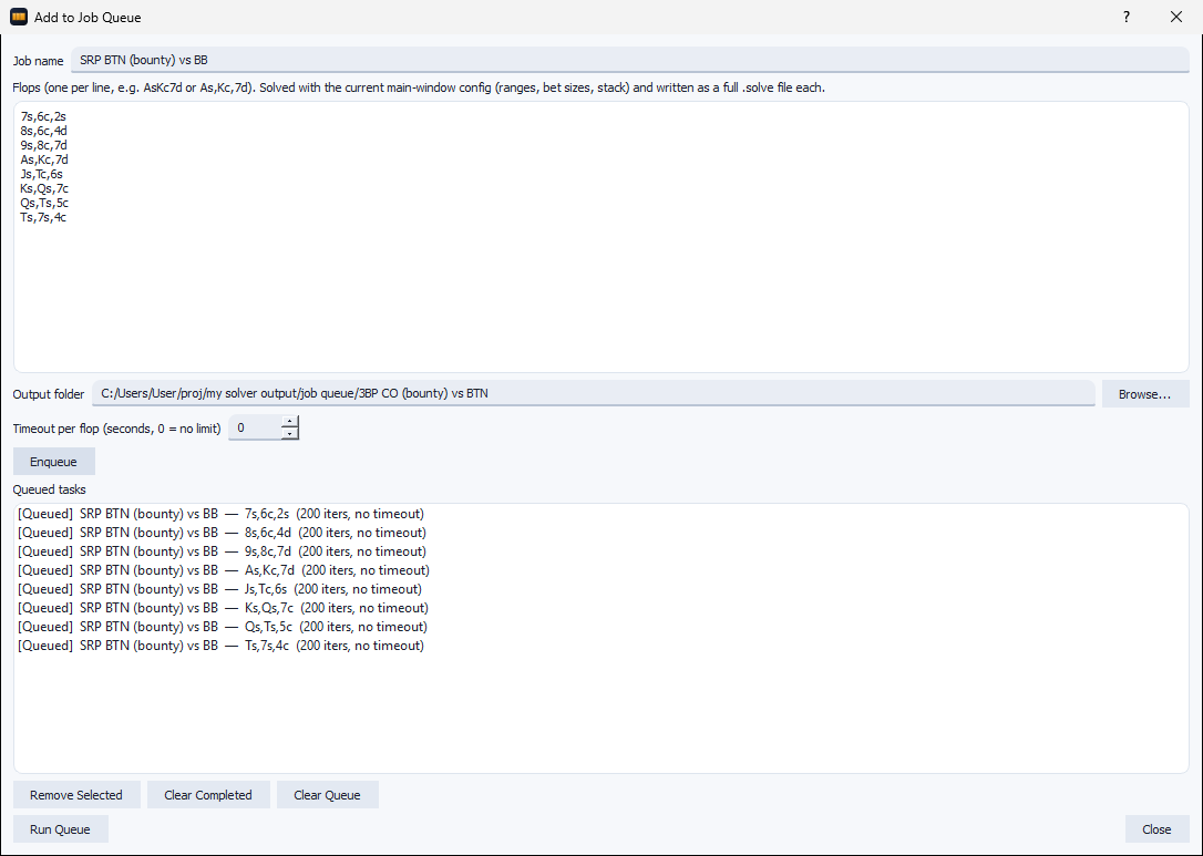 Add to Job Queue dialog: a job named SRP BTN (bounty) vs BB with eight flops entered, and the queue listing eight queued solves