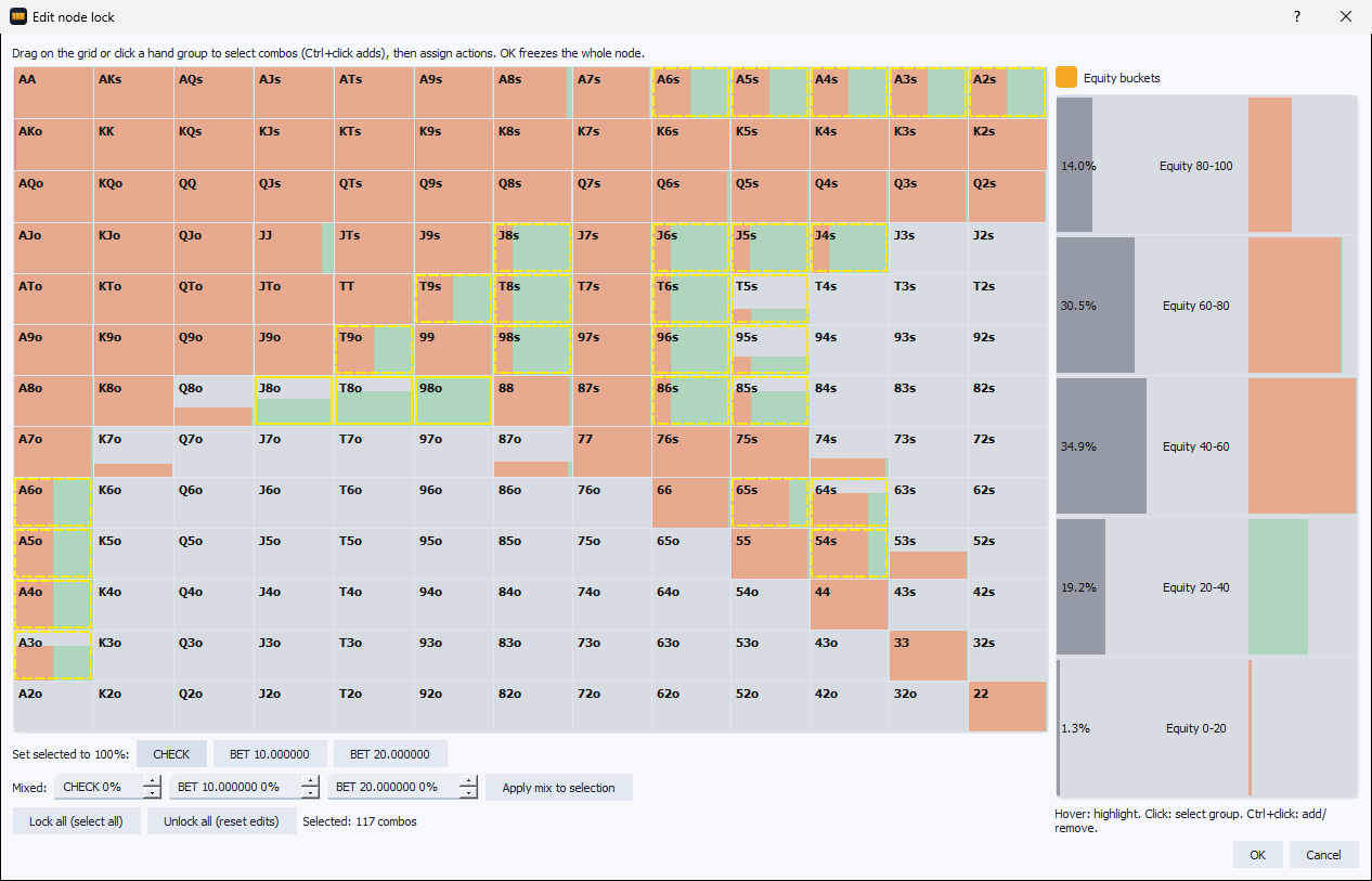 Edit node lock dialog: 13x13 grid with the Equity 20-40 bucket selected (117 combos) and locked to pure check, with pure and mixed action controls below