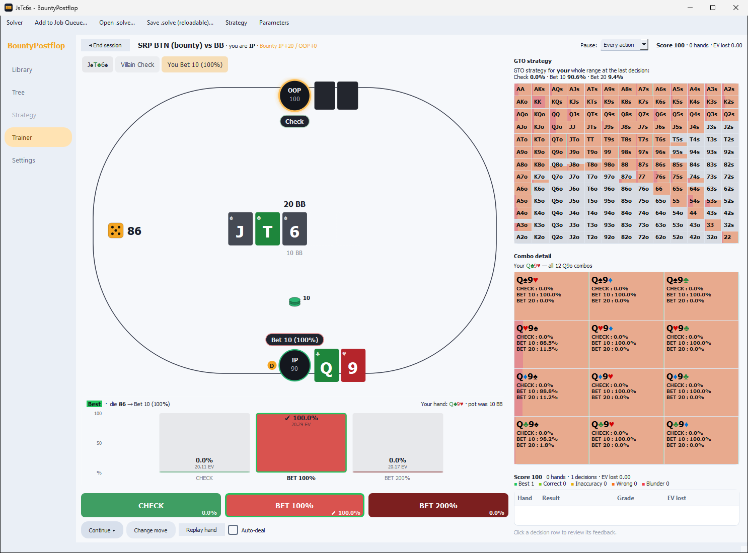 Trainer play view: poker table with hero on the button holding Q9 offsuit, a Best-graded pot-size bet with EV chart, and a rail showing the whole-range GTO strategy and per-combo detail
